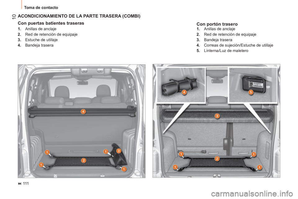 CITROEN NEMO 2014  Manuales de Empleo (in Spanish)  10
 
Toma de contacto 
 
 
Con portón trasero 
 
ACONDICIONAMIENTO DE LA PARTE TRASERA (COMBI) 
 
 
Con puertas batientes traseras  
 
 
 
1. 
  Anillas de anclaje 
   
2. 
  Red de retención de eq