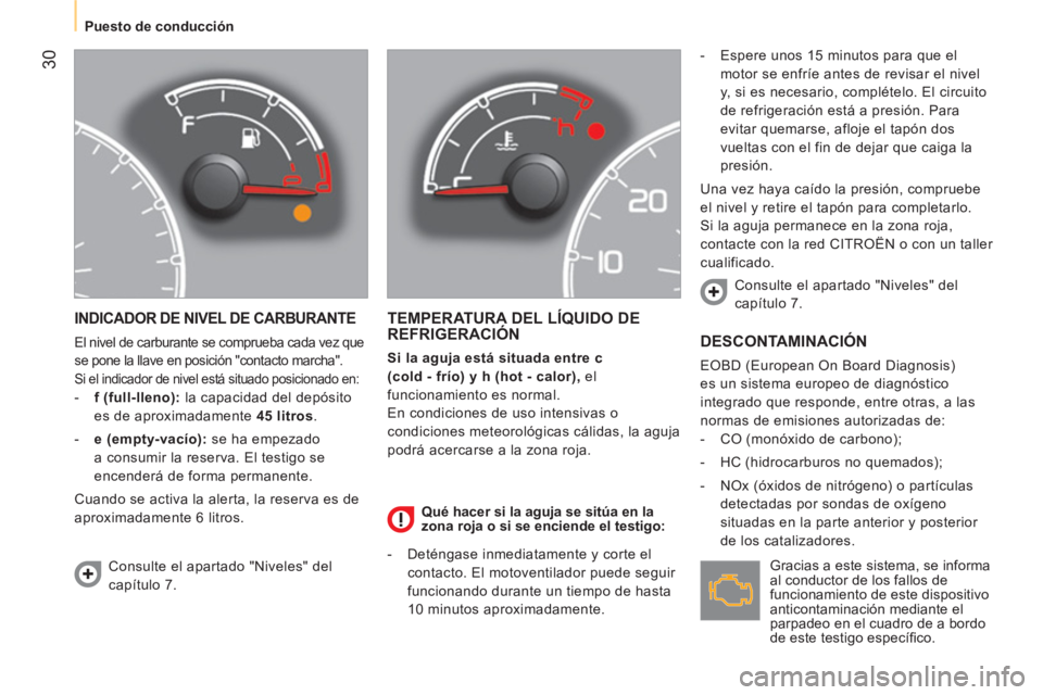 CITROEN NEMO 2014 Manuales de Empleo (in Spanish) 30
Puesto de conducción
INDICADOR DE NIVEL DE CARBURANTE
El nivel de carburante se comprueba cada vez que
se pone la llave en posición "contacto marcha".
Si el indicador de nivel está sit CITROEN NEMO 2014 Manuales de Empleo (in Spanish) 30
Puesto de conducción
INDICADOR DE NIVEL DE CARBURANTE
El nivel de carburante se comprueba cada vez que
se pone la llave en posición "contacto marcha".
Si el indicador de nivel está sit