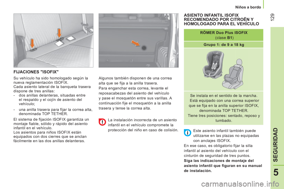 CITROEN NEMO 2013 Manuales de Empleo (in Spanish) 129
5
SEGURIDAD
Niños a bordo
FIJACIONES "ISOFIX"
Algunos también disponen de una correa
alta que se fija a la anilla trasera.
Para enganchar esta correa, levante el
reposacabez CITROEN NEMO 2013 Manuales de Empleo (in Spanish) 129
5
SEGURIDAD
Niños a bordo
FIJACIONES "ISOFIX"
Algunos también disponen de una correa
alta que se fija a la anilla trasera.
Para enganchar esta correa, levante el
reposacabez