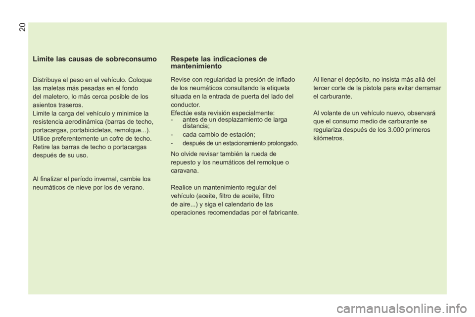 CITROEN NEMO 2013  Manuales de Empleo (in Spanish)  20
 
 
Limite las causas de sobreconsumo 
 
 
Distribuya el peso en el vehículo. Coloque 
las maletas más pesadas en el fondo 
del maletero, lo más cerca posible de los 
asientos traseros. 
  Limi
