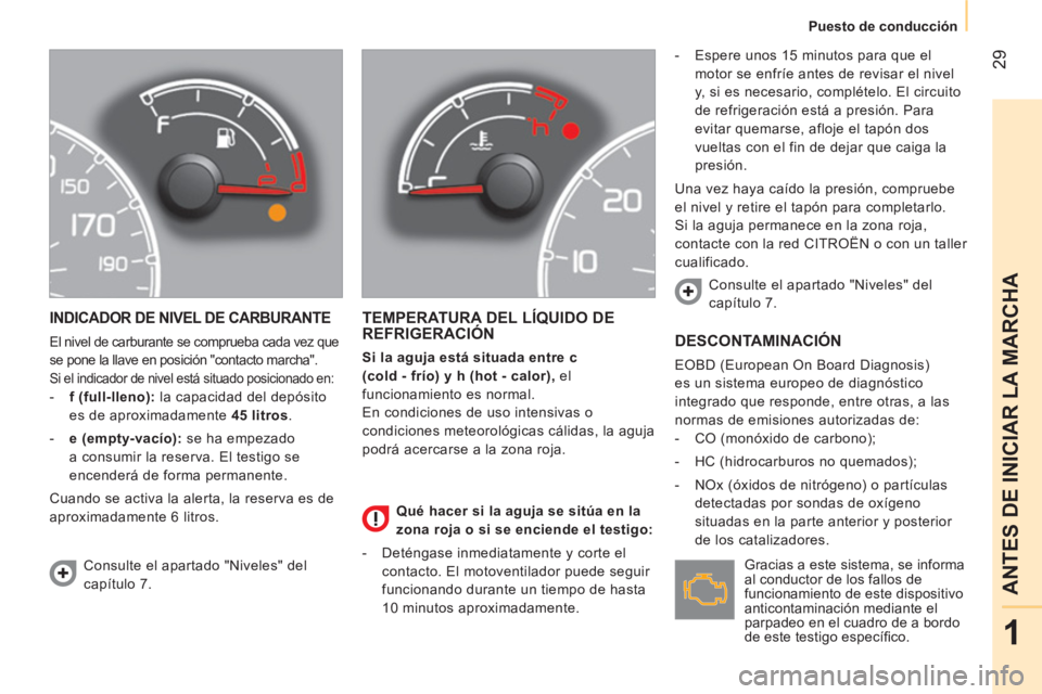CITROEN NEMO 2013  Manuales de Empleo (in Spanish)  29
1
ANTES DE INICIAR LA MARCHA
 
 
 
Puesto de conducción  
 
 
INDICADOR DE NIVEL DE CARBURANTE 
 
El nivel de carburante se comprueba cada vez que 
se pone la llave en posición "contacto marcha"