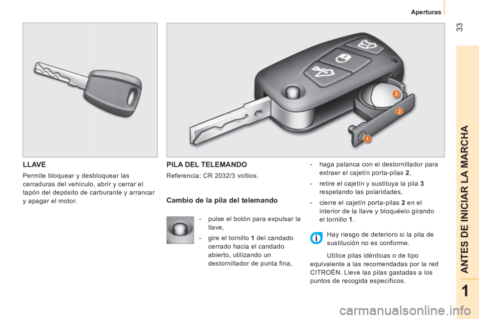 CITROEN NEMO 2013  Manuales de Empleo (in Spanish)  33
1
ANTES DE INICIAR LA MARCHA
Aperturas
 
LLAVE 
 
Permite bloquear y desbloquear las 
cerraduras del vehículo, abrir y cerrar el 
tapón del depósito de carburante y arrancar 
y apagar el motor.