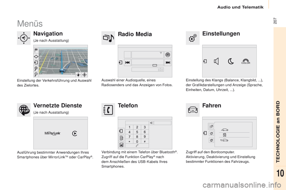 CITROEN BERLINGO MULTISPACE 2017  Betriebsanleitungen (in German)  207
Berlingo2VP_de_Chap10a_SMEGplus_ed02-2016
Menüs
Einstellungen
Radio Media
Navigation
Fahren
Vernetzte Dienste Telefon
Einstellung des Klangs (Balance, Klangbild, ...), 
der Grafikdarstellungen u