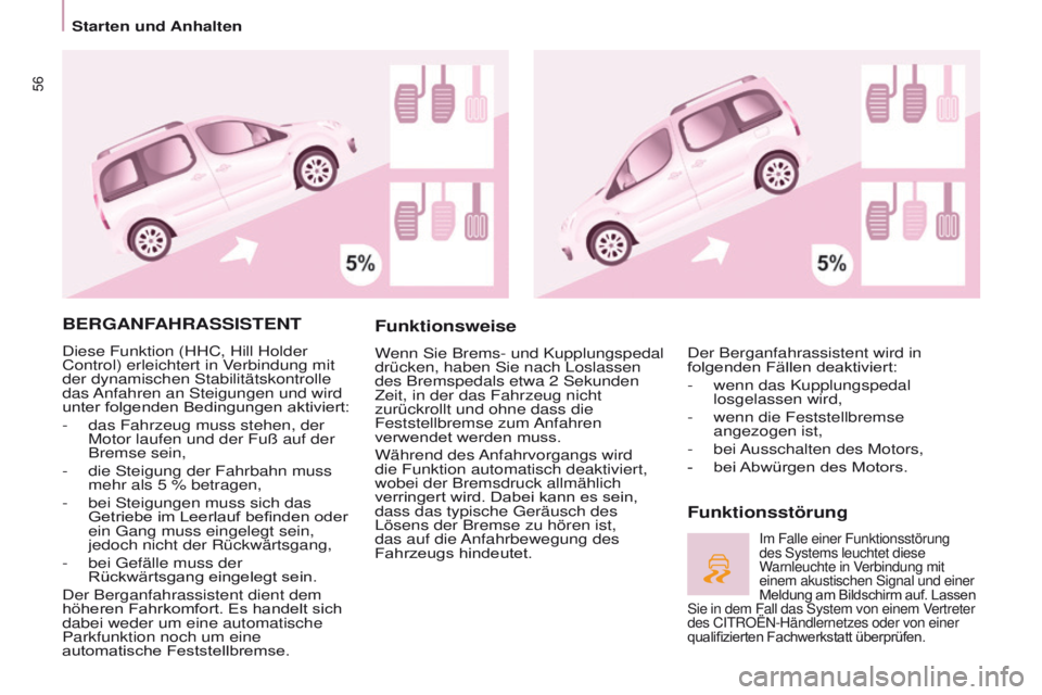 CITROEN BERLINGO MULTISPACE 2017  Betriebsanleitungen (in German) 56
Berlingo2VP_de_Chap03_Pret-a-partir_ed02-2016Berlingo2VP_de_Chap03_Pret-a-partir_ed02-2016
BERGANFAHRASSISTENT
Diese Funktion (HHC, Hill Holder 
Control) erleichtert in Verbindung mit 
der dynamisc