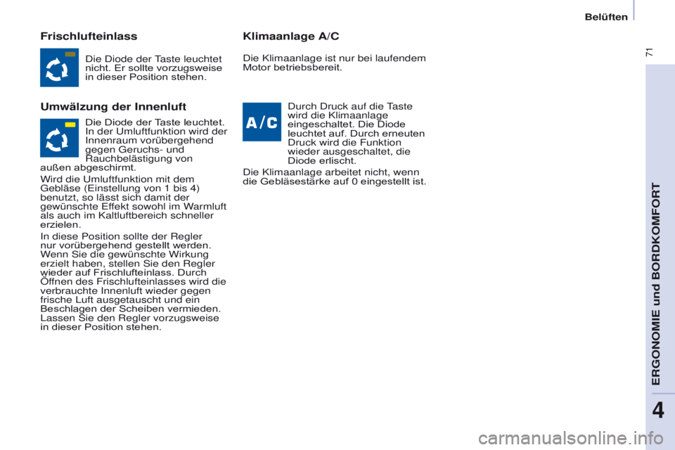 CITROEN BERLINGO MULTISPACE 2017 Betriebsanleitungen (in German) 71
Berlingo2VP_de_Chap04_Ergonomie_ed02-2016Berlingo2VP_de_Chap04_Ergonomie_ed02-2016
Frischlufteinlass
Umwälzung der InnenluftKlimaanlage A/C
Die Diode der Taste leuchtet
nicht. Er sollte vorzugsw CITROEN BERLINGO MULTISPACE 2017 Betriebsanleitungen (in German) 71
Berlingo2VP_de_Chap04_Ergonomie_ed02-2016Berlingo2VP_de_Chap04_Ergonomie_ed02-2016
Frischlufteinlass
Umwälzung der InnenluftKlimaanlage A/C
Die Diode der Taste leuchtet
nicht. Er sollte vorzugsw