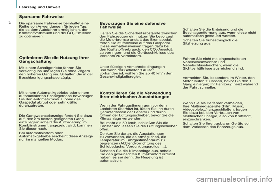 CITROEN BERLINGO MULTISPACE 2016 Betriebsanleitungen (in German) 16
Fahrzeug und Umwelt
Berlingo-2-VP_de_Chap02_eco-conduite_ed01-2016
Die sparsame Fahrweise beinhaltet eine
Reihe von Anwendungen für jeden Tag,
die es dem Autofahrer ermöglichen, den
Kraftstoff CITROEN BERLINGO MULTISPACE 2016 Betriebsanleitungen (in German) 16
Fahrzeug und Umwelt
Berlingo-2-VP_de_Chap02_eco-conduite_ed01-2016
Die sparsame Fahrweise beinhaltet eine
Reihe von Anwendungen für jeden Tag,
die es dem Autofahrer ermöglichen, den
Kraftstoff