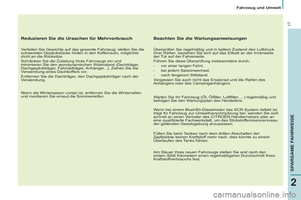 CITROEN BERLINGO MULTISPACE 2015  Betriebsanleitungen (in German) 17
Berlingo-2-VP_de_Chap02_eco-conduite_ed01-2015
Reduzieren Sie die Ursachen für Mehrverbrauch
Verteilen Sie Gewichte auf das gesamte Fahrzeug; stellen Sie die 
schwersten Gepäckstücke hinten in d