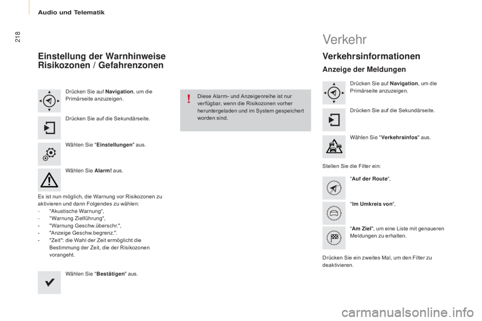 CITROEN BERLINGO MULTISPACE 2015 Betriebsanleitungen (in German) 218
Berlingo-2-VP_de_Chap10a_sMegplus_ed01-2015
Einstellung der Warnhinweise
Risikozonen / Gefahrenzonen
drücken si e auf Navigation , um die
Primärseite anzuzeigen.
Drücken Sie auf die Sekundär CITROEN BERLINGO MULTISPACE 2015 Betriebsanleitungen (in German) 218
Berlingo-2-VP_de_Chap10a_sMegplus_ed01-2015
Einstellung der Warnhinweise
Risikozonen / Gefahrenzonen
drücken si e auf Navigation , um die
Primärseite anzuzeigen.
Drücken Sie auf die Sekundär
