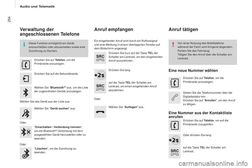 CITROEN BERLINGO MULTISPACE 2015 Betriebsanleitungen (in German) 254
Berlingo-2-VP_de_Chap10a_sMegplus_ed01-2015
Verwaltung der
angeschlossenen Telefone
Diese Funktion ermöglicht ein Gerät
anzuschließen oder abzuschalten sowie eine
Zuordnung zu löschen.Von e CITROEN BERLINGO MULTISPACE 2015 Betriebsanleitungen (in German) 254
Berlingo-2-VP_de_Chap10a_sMegplus_ed01-2015
Verwaltung der
angeschlossenen Telefone
Diese Funktion ermöglicht ein Gerät
anzuschließen oder abzuschalten sowie eine
Zuordnung zu löschen.Von e