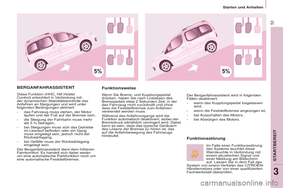 CITROEN BERLINGO MULTISPACE 2015  Betriebsanleitungen (in German) Berlingo-2-VP_de_Chap03_Pret-a-partir_ed01-2015Berlingo-2-VP_de_Chap03_Pret-a-partir_ed01-2015
53
BERGANFAHRASSISTENT
diese Funktion (HHC, Hill Holder 
Control) erleichtert in V erbindung mit 
der dyn