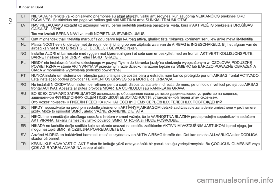 CITROEN BERLINGO MULTISPACE 2014 Betriebsanleitungen (in German) LTNIEKADA neįrenkite vaiko prilaikymo priemonės su atgal atgręžtu vaiku ant sėdynės, kuri saugoma VEIKIANČIOS priekinės ORO
PAGALVĖS. Išsiskleidus oro pagalvei vaikas gali būti MIRTINAI ar CITROEN BERLINGO MULTISPACE 2014 Betriebsanleitungen (in German) LTNIEKADA neįrenkite vaiko prilaikymo priemonės su atgal atgręžtu vaiku ant sėdynės, kuri saugoma VEIKIANČIOS priekinės ORO
PAGALVĖS. Išsiskleidus oro pagalvei vaikas gali būti MIRTINAI ar