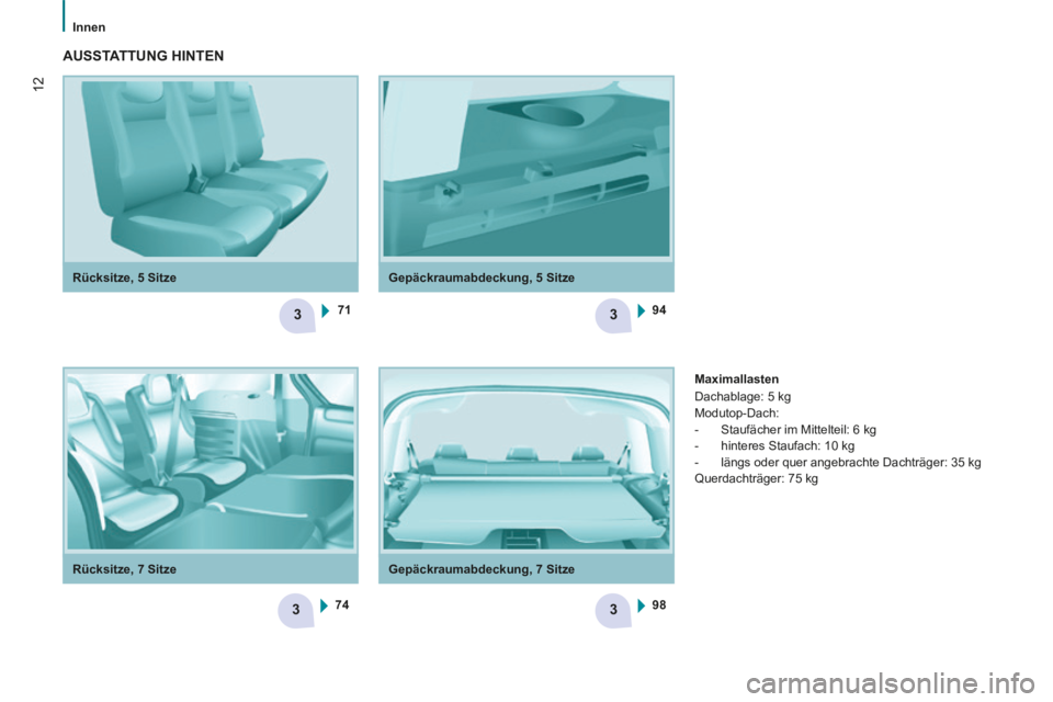 CITROEN BERLINGO MULTISPACE 2014  Betriebsanleitungen (in German) 3
3
3
3
71
74 94
98
12
   Innen   
Berlingo-2-VP-papier_de_Chap01_Prise en Main_ed01-2014_CA
  Gepäckraumabdeckung,  5  Sitze  
  Rücksitze,  5  Sitze  
 AUSSTATTUNG  HINTEN  
  Maximallasten 
 Dach