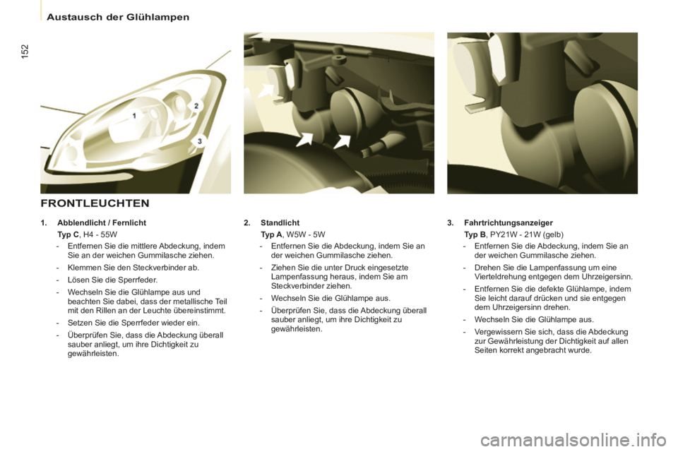 CITROEN BERLINGO MULTISPACE 2014 Betriebsanleitungen (in German) Austausch der Glühlampen
Berlingo-2-VP-papier_de_Chap07_Aide rapide_ed01-2014_CA
152
3. Fahrtrichtungsanzeiger
Typ B , PY21W - 21W (gelb)
- Entfernen Sie die Abdeckung, inde CITROEN BERLINGO MULTISPACE 2014 Betriebsanleitungen (in German) Austausch der Glühlampen
Berlingo-2-VP-papier_de_Chap07_Aide rapide_ed01-2014_CA
152
3. Fahrtrichtungsanzeiger
Typ B , PY21W - 21W (gelb)
- Entfernen Sie die Abdeckung, inde