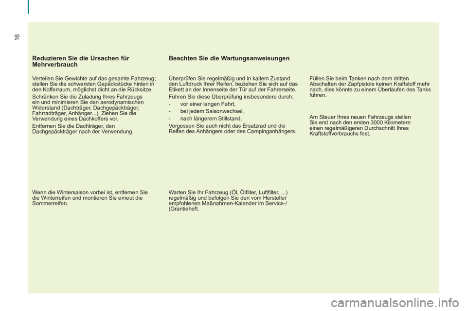 CITROEN BERLINGO MULTISPACE 2014  Betriebsanleitungen (in German) 16
Berlingo-2-VP-papier_de_Chap01_Prise en Main_ed01-2014_CA
  Reduzieren Sie die Ursachen für 
Mehrverbrauch 
  Verteilen Sie Gewichte auf das gesamte Fahrzeug; 
stellen Sie die schwersten Gepäckst