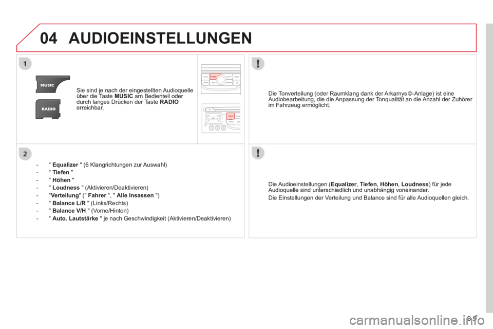 CITROEN BERLINGO MULTISPACE 2014 Betriebsanleitungen (in German) 9.9
04
Berlingo-2-VP-papier_de_Chap09b_RT6-2-7_ed01-2014_CA
AUDIOEINSTELLUNGEN
Sie sind je nach der eingestellten Audioquelle über die Taste MUSIC am Bedienteil oder durch langes Drücken der CITROEN BERLINGO MULTISPACE 2014 Betriebsanleitungen (in German) 9.9
04
Berlingo-2-VP-papier_de_Chap09b_RT6-2-7_ed01-2014_CA
AUDIOEINSTELLUNGEN
Sie sind je nach der eingestellten Audioquelle über die Taste MUSIC am Bedienteil oder durch langes Drücken der