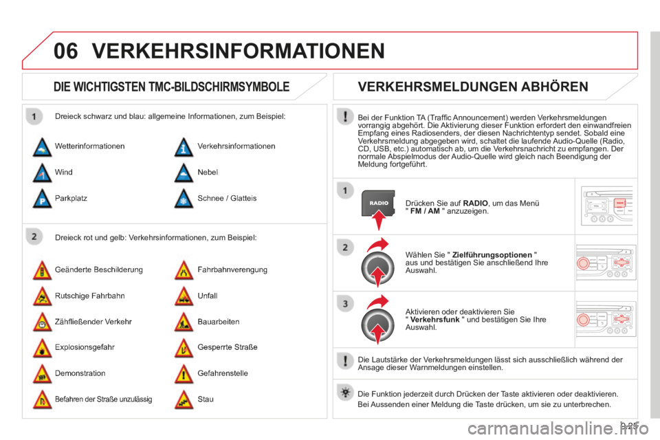 CITROEN BERLINGO MULTISPACE 2014 Betriebsanleitungen (in German) 9.25
06
Berlingo-2-VP-papier_de_Chap09b_RT6-2-7_ed01-2014_CA
VERKEHRSINFORMATIONEN
DIE WICHTIGSTEN TMC-BILDSCHIRMSYMBOLE
Dreieck rot und gelb: Verkehrsinformationen, zum Beispiel:
Drei CITROEN BERLINGO MULTISPACE 2014 Betriebsanleitungen (in German) 9.25
06
Berlingo-2-VP-papier_de_Chap09b_RT6-2-7_ed01-2014_CA
VERKEHRSINFORMATIONEN
DIE WICHTIGSTEN TMC-BILDSCHIRMSYMBOLE
Dreieck rot und gelb: Verkehrsinformationen, zum Beispiel:
Drei