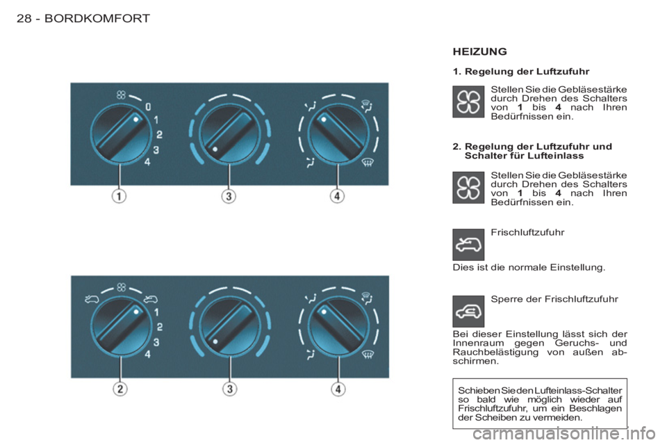 CITROEN BERLINGO FIRST 2011  Betriebsanleitungen (in German) BORDKOMFORT28 -
  Frischluftzufuhr 
HEIZUNG  
 
Stellen Sie die Gebläsestärke 
durch Drehen des Schalters 
von  1 
 bis  4 
 nach Ihren 
Bedürfnissen ein.  
   
2.  Regelung der Luftzufuhr und 
Sch