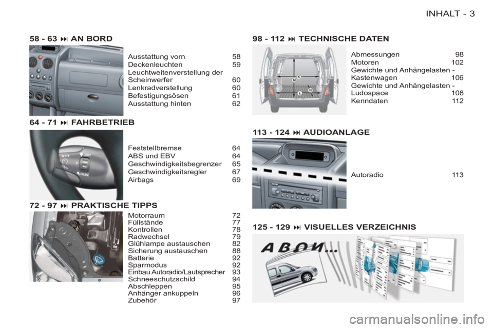 CITROEN BERLINGO FIRST 2011  Betriebsanleitungen (in German) 3 INHALT
-
113 - 124 � AUDIOANLAGE
Autoradio 113
125 - 129 � VISUELLES VERZEICHNIS 58 - 63 � AN BORD
Ausstattung vorn  58
Deckenleuchten 59
Leuchtweitenverstellung der 
Scheinwerfer 60
Lenkradverst