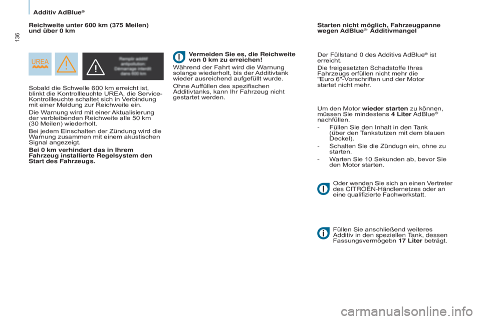 CITROEN BERLINGO ELECTRIC 2017  Betriebsanleitungen (in German) 136
Berlingo-2-VU_de_Chap07_Verification_ed01-2015Berlingo-2-VU_de_Chap07_Verification_ed01-2015
Sobald die Schwelle 600 km erreicht ist, 
blinkt die Kontrollleuchte UREA, die Service-
Kontrollleuchte