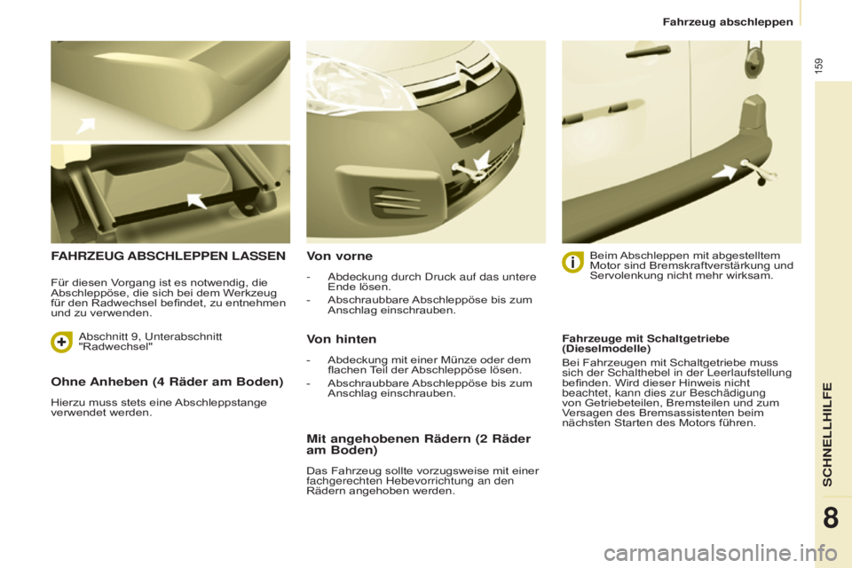 CITROEN BERLINGO ELECTRIC 2017 Betriebsanleitungen (in German) 159
Berlingo-2-VU_de_Chap08_Aide rapide_ed01-2015Berlingo-2-VU_de_Chap08_Aide rapide_ed01-2015
Ohne Anheben (4 Räder am Boden)
Hierzu muss stets eine Abschleppstange
verwendet werden.
FAHRZEUG ABSC CITROEN BERLINGO ELECTRIC 2017 Betriebsanleitungen (in German) 159
Berlingo-2-VU_de_Chap08_Aide rapide_ed01-2015Berlingo-2-VU_de_Chap08_Aide rapide_ed01-2015
Ohne Anheben (4 Räder am Boden)
Hierzu muss stets eine Abschleppstange
verwendet werden.
FAHRZEUG ABSC