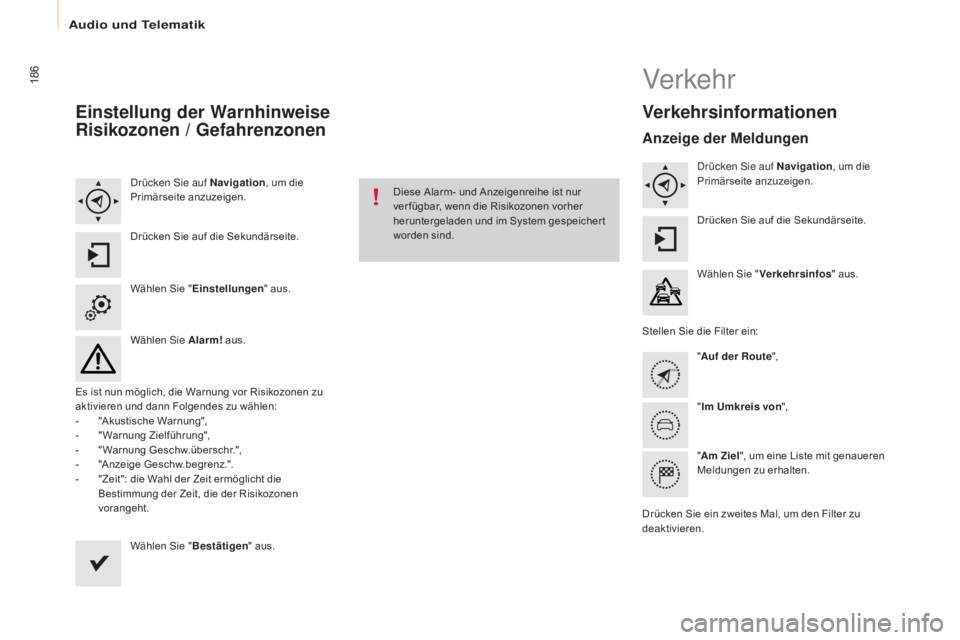 CITROEN BERLINGO ELECTRIC 2017  Betriebsanleitungen (in German) 186
Berlingo-2-VU_de_Chap10a_SMEGplus_ed01-2015
Einstellung der Warnhinweise 
Risikozonen / Gefahrenzonen
drücken si e auf Navigation , um die 
Primärseite anzuzeigen.
Drücken Sie auf die Sekundär