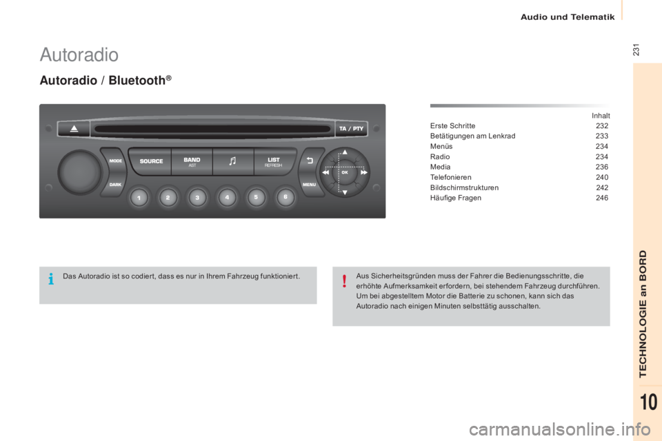 CITROEN BERLINGO ELECTRIC 2017 Betriebsanleitungen (in German) 231
Berlingo-2-VU_de_Chap10b_RD45_ed01-2015
autoradio
Autoradio / Bluetooth®
inhalt
Erste Schritte
2 32
Betätigungen am Lenkrad
2
33
Menüs
2
34
Radio
2
34
Media
23
6
Telefonieren
2
4 CITROEN BERLINGO ELECTRIC 2017 Betriebsanleitungen (in German) 231
Berlingo-2-VU_de_Chap10b_RD45_ed01-2015
autoradio
Autoradio / Bluetooth®
inhalt
Erste Schritte
2 32
Betätigungen am Lenkrad
2
33
Menüs
2
34
Radio
2
34
Media
23
6
Telefonieren
2
4