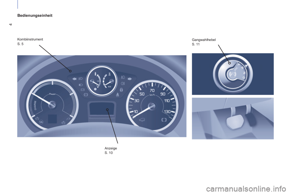 CITROEN BERLINGO ELECTRIC 2017 Betriebsanleitungen (in German) 4
Bedienungseinheit
Kombiinstrument
S. 5 Gangwahlhebel
S. 11
Anzeige
S. 10 CITROEN BERLINGO ELECTRIC 2017 Betriebsanleitungen (in German) 4
Bedienungseinheit
Kombiinstrument
S. 5 Gangwahlhebel
S. 11
Anzeige
S. 10
