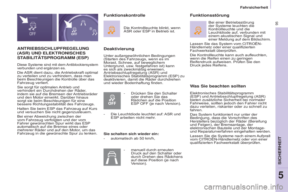 CITROEN BERLINGO ELECTRIC 2017 Betriebsanleitungen (in German) 95
BERLINGO-2-VU_DE_CHAP05_SECURITE_ED01-2015
ANTRIEBSSCHLUPFREGELUNG
(ASR) UND ELEKTRONISCHES
S
TABILIT ä TSPROGRAMM (ESP)
Diese Systeme sind mit dem Antiblockiersystem
verbunden und ergänz CITROEN BERLINGO ELECTRIC 2017 Betriebsanleitungen (in German) 95
BERLINGO-2-VU_DE_CHAP05_SECURITE_ED01-2015
ANTRIEBSSCHLUPFREGELUNG
(ASR) UND ELEKTRONISCHES
S
TABILIT ä TSPROGRAMM (ESP)
Diese Systeme sind mit dem Antiblockiersystem
verbunden und ergänz