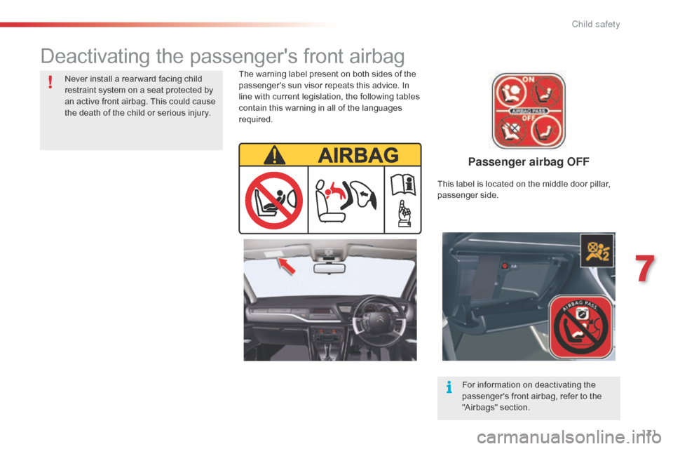 Citroen C5 2014.5 (RD/TD) / 2.G Owners Manual 171
Passenger airbag OFF
The warning label present on both sides of the 
passengers sun visor repeats this advice. In 
line with current legislation, the following tables 
contain this warning in all