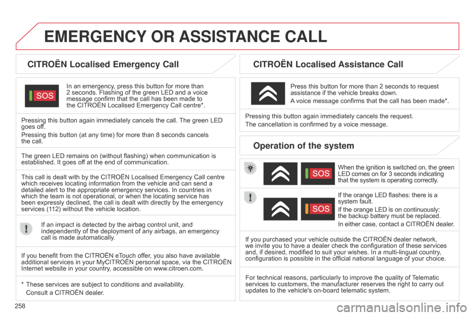 Citroen C5 2014.5 (RD/TD) / 2.G Owners Manual 258
EMERGENCY OR  ASSIST ANCE   CALL
CITROËN Localised Emergency Call
In an emergency, press this button for more than  
2 seconds. Flashing of the green LED and a voice 
message confirm that the cal