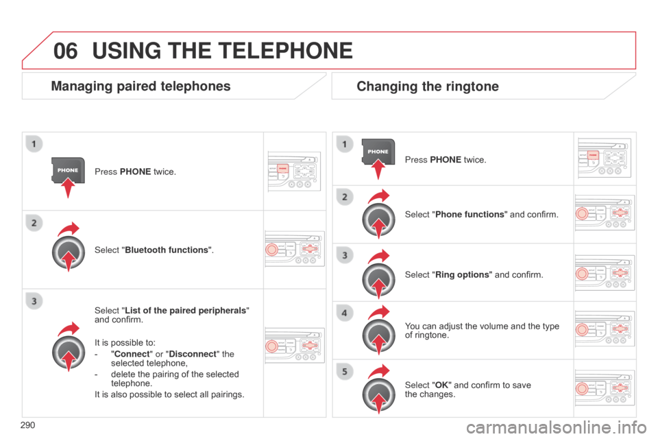 Citroen C5 2014.5 (RD/TD) / 2.G Owners Manual 06
290Press PHONE twice.
Select "List of the paired peripherals
"
and confirm.
It is possible to:
-
"
Connect" or "Disconnect" the
selected telephone,
-
delete the pairing of the selected
tele Citroen C5 2014.5 (RD/TD) / 2.G Owners Manual 06
290Press PHONE twice.
Select "List of the paired peripherals
"
and confirm.
It is possible to:
-
"
Connect" or "Disconnect" the
selected telephone,
-
delete the pairing of the selected
tele