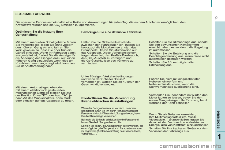 CITROEN BERLINGO ELECTRIC 2015  Betriebsanleitungen (in German) 15
1
BEDIENUN
G
SPARSAME FAHRWEISE 
  Die sparsame Fahrweise beinhaltet eine Reihe von Anwendungen für jeden Tag, die es dem Autofahrer ermöglichen, den 
Kraftstoffverbrauch und die CO2-Emission zu 