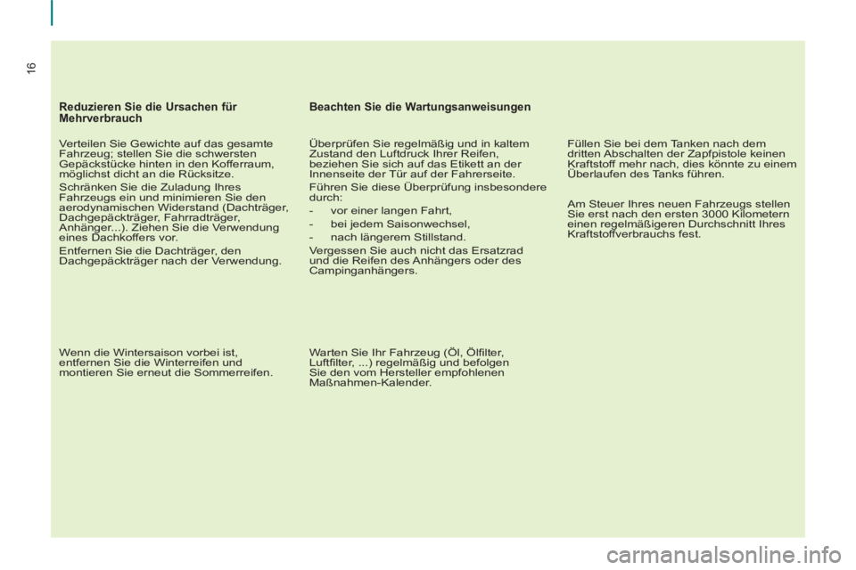 CITROEN BERLINGO ELECTRIC 2015  Betriebsanleitungen (in German) 16
   
Reduzieren Sie die Ursachen für 
Mehrverbrauch 
   
Verteilen Sie Gewichte auf das gesamte 
Fahrzeug; stellen Sie die schwersten 
Gepäckstücke hinten in den Kofferraum, 
möglichst dicht an 