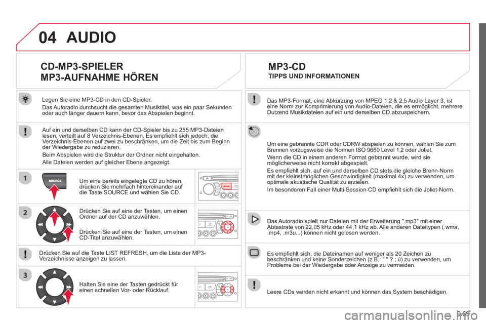 CITROEN BERLINGO ELECTRIC 2015 Betriebsanleitungen (in German) 9.69
04
Das MP3-Format, eine Abkürzung von MPEG 1,2 & 2.5 Audio Layer 3, ist eine Norm zur Komprimierung von Audio-Dateien, die es ermöglicht, mehrere
Dutzend Musikdateien auf ein und derselben CITROEN BERLINGO ELECTRIC 2015 Betriebsanleitungen (in German) 9.69
04
Das MP3-Format, eine Abkürzung von MPEG 1,2 & 2.5 Audio Layer 3, ist eine Norm zur Komprimierung von Audio-Dateien, die es ermöglicht, mehrere
Dutzend Musikdateien auf ein und derselben