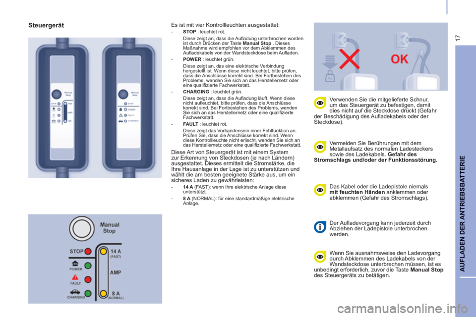 CITROEN BERLINGO ELECTRIC 2015 Betriebsanleitungen (in German) 17
AUFLADEN DER ANTRIEB
SBATTERIE
Vermeiden Sie Berührungen mit dem
Metallaufsatz des normalen Ladesteckers
sowie des Ladekabels. Gefahr des
Stromschlags und/oder der Funktionsstörung.
CITROEN BERLINGO ELECTRIC 2015 Betriebsanleitungen (in German) 17
AUFLADEN DER ANTRIEB
SBATTERIE
Vermeiden Sie Berührungen mit dem
Metallaufsatz des normalen Ladesteckers
sowie des Ladekabels. Gefahr des
Stromschlags und/oder der Funktionsstörung.