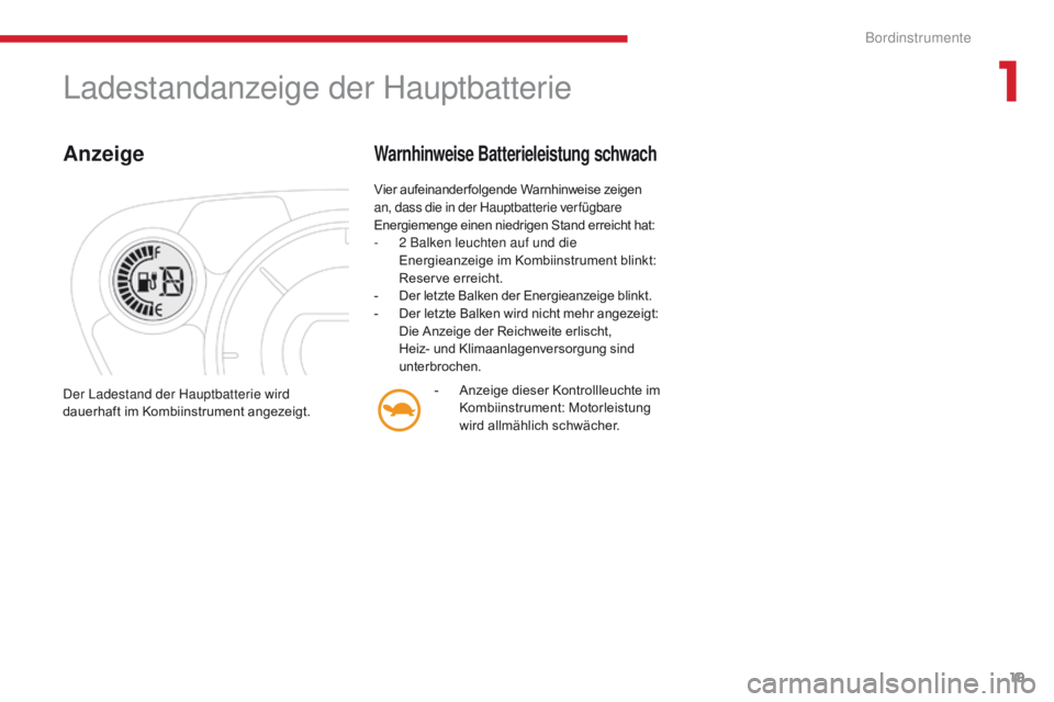 CITROEN C-ZERO 2017 Betriebsanleitungen (in German) 19
C-Zero_de_Chap01_instruments-de-bord_ed01-2016
Ladestandanzeige der Hauptbatterie
Anzeige
Vier aufeinanderfolgende Warnhinweise zeigen
an, dass die in der Hauptbatterie ver fügbare
Energiemenge CITROEN C-ZERO 2017 Betriebsanleitungen (in German) 19
C-Zero_de_Chap01_instruments-de-bord_ed01-2016
Ladestandanzeige der Hauptbatterie
Anzeige
Vier aufeinanderfolgende Warnhinweise zeigen
an, dass die in der Hauptbatterie ver fügbare
Energiemenge