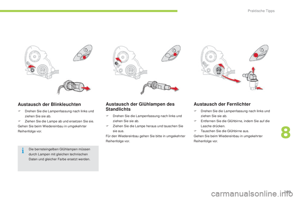 CITROEN C-ZERO 2016 Betriebsanleitungen (in German) 109
C-zero_de_Chap08_info-pratiques_ed01-2014
Austausch der Glühlampen des
Standlichts
F drehen si e die la mpenfassung nach links und
ziehen si e sie ab.
F
Z
iehen s
i
e die l
a
mpe hera CITROEN C-ZERO 2016 Betriebsanleitungen (in German) 109
C-zero_de_Chap08_info-pratiques_ed01-2014
Austausch der Glühlampen des
Standlichts
F drehen si e die la mpenfassung nach links und
ziehen si e sie ab.
F
Z
iehen s
i
e die l
a
mpe hera