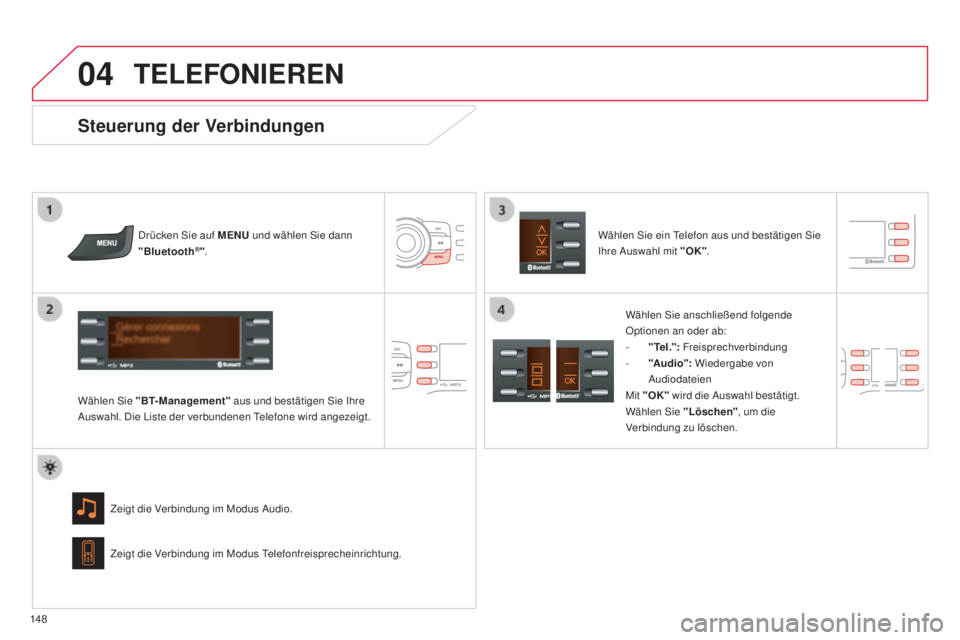 CITROEN C-ZERO 2016  Betriebsanleitungen (in German)  
04
148
C-zero_de_Chap11b_Rde2_ed01-2014
TELEFONIEREN
drücken  si e auf MENU  und wählen  si e dann 
" Bluetooth®".
Wählen 
s
i

e "BT-Management"  aus und bestätigen 
s
i
 e  i

