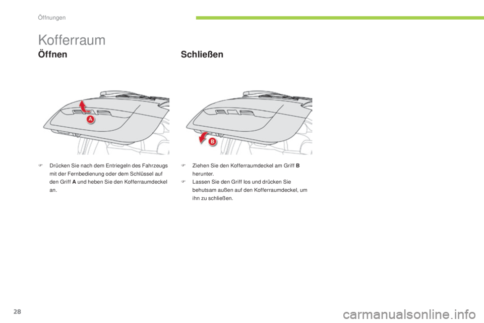 CITROEN C-ZERO 2016  Betriebsanleitungen (in German) 28
C-zero_de_Chap02_ouvertures_ed01-2014
Kof ferraum
Öffnen
F  drücken si e nach dem  en triegeln des Fahrzeugs 
mit der Fernbedienung oder dem  sc hlüssel auf 
den 
g
r
 iff A und heben  s
i
 e de