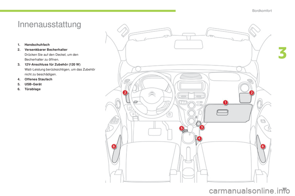 CITROEN C-ZERO 2016  Betriebsanleitungen (in German) 37
C-zero_de_Chap03_confort_ed01-2014
innenausstattung
1. Handschuhfach
2. V ersenkbarer Becherhalter
 

d
r
 ücken  s
i
 e auf den  d
e
 ckel, um den 
Becherhalter zu öffnen.
3.
 12

V-Anschluss  f