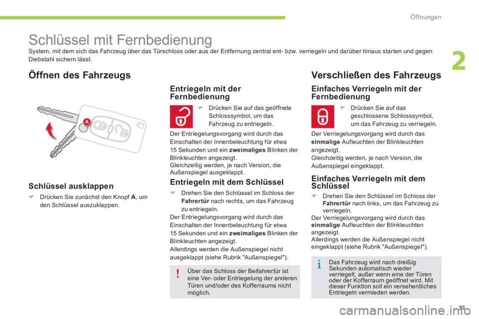 CITROEN C-ZERO 2014 Betriebsanleitungen (in German) 2
Öffnungen
31
System, mit dem sich das Fahrzeug über das Türschloss oder aus der Entfernung zentral ent- bzw. verriegeln und darüber hinaus star ten und gegen
Diebstahl sichern lässt.
CITROEN C-ZERO 2014 Betriebsanleitungen (in German) 2
Öffnungen
31
System, mit dem sich das Fahrzeug über das Türschloss oder aus der Entfernung zentral ent- bzw. verriegeln und darüber hinaus star ten und gegen
Diebstahl sichern lässt.