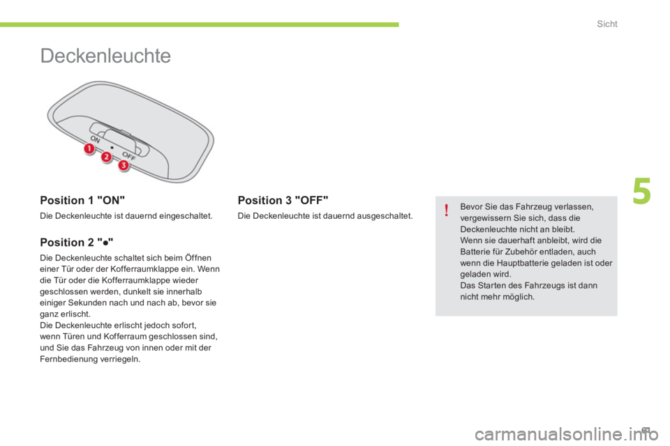 CITROEN C-ZERO 2014 Betriebsanleitungen (in German) 5
Sicht
61
Deckenleuchte
Position 1 "ON"
Die Deckenleuchte ist dauernd eingeschaltet.
Position 2 "●"
Die Deckenleuchte schaltet sich beim Öffnen einer Tür oder der Koffe CITROEN C-ZERO 2014 Betriebsanleitungen (in German) 5
Sicht
61
Deckenleuchte
Position 1 "ON"
Die Deckenleuchte ist dauernd eingeschaltet.
Position 2 "●"
Die Deckenleuchte schaltet sich beim Öffnen einer Tür oder der Koffe
