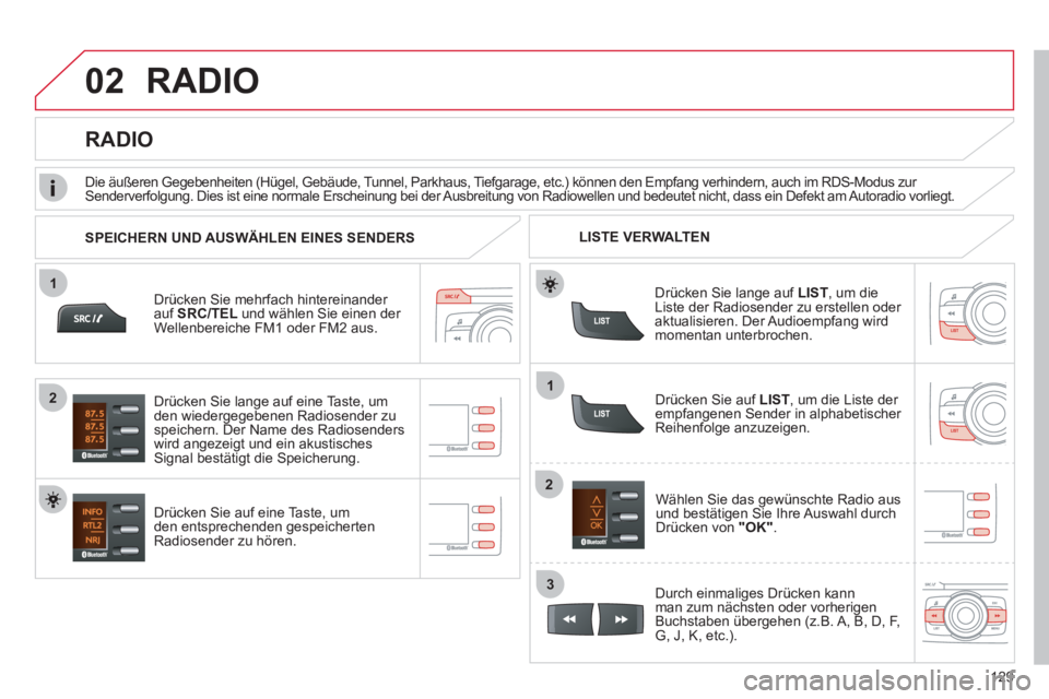 CITROEN C-ZERO 2012 Betriebsanleitungen (in German) 02
1
12
2
3
129
RADIO
Drücken Sie mehrfach hintereinander
auf SRC/TEL und wählen Sie einen der
Wellenbereiche FM1 oder FM2 aus.
Drücken Sie auf eine Taste, um
den entsprechenden ge CITROEN C-ZERO 2012 Betriebsanleitungen (in German) 02
1
12
2
3
129
RADIO
Drücken Sie mehrfach hintereinander
auf SRC/TEL und wählen Sie einen der
Wellenbereiche FM1 oder FM2 aus.
Drücken Sie auf eine Taste, um
den entsprechenden ge