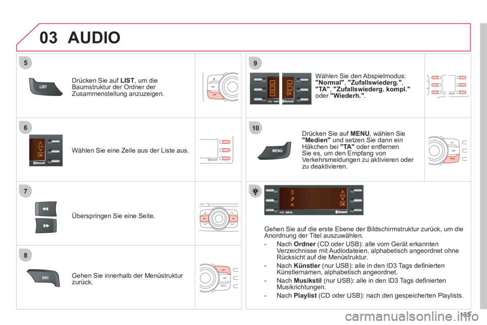 CITROEN C-ZERO 2012 Betriebsanleitungen (in German) 7
6
8
9
03
5
10
135
Wählen Sie eine Zeile aus der Liste aus.
Überspringen Sie eine Seite.
Wählen Sie den Abspielmodus:
"Normal"
, "
Zufallswiederg.
"
,
"TA"
, "
Z CITROEN C-ZERO 2012 Betriebsanleitungen (in German) 7
6
8
9
03
5
10
135
Wählen Sie eine Zeile aus der Liste aus.
Überspringen Sie eine Seite.
Wählen Sie den Abspielmodus:
"Normal"
, "
Zufallswiederg.
"
,
"TA"
, "
Z