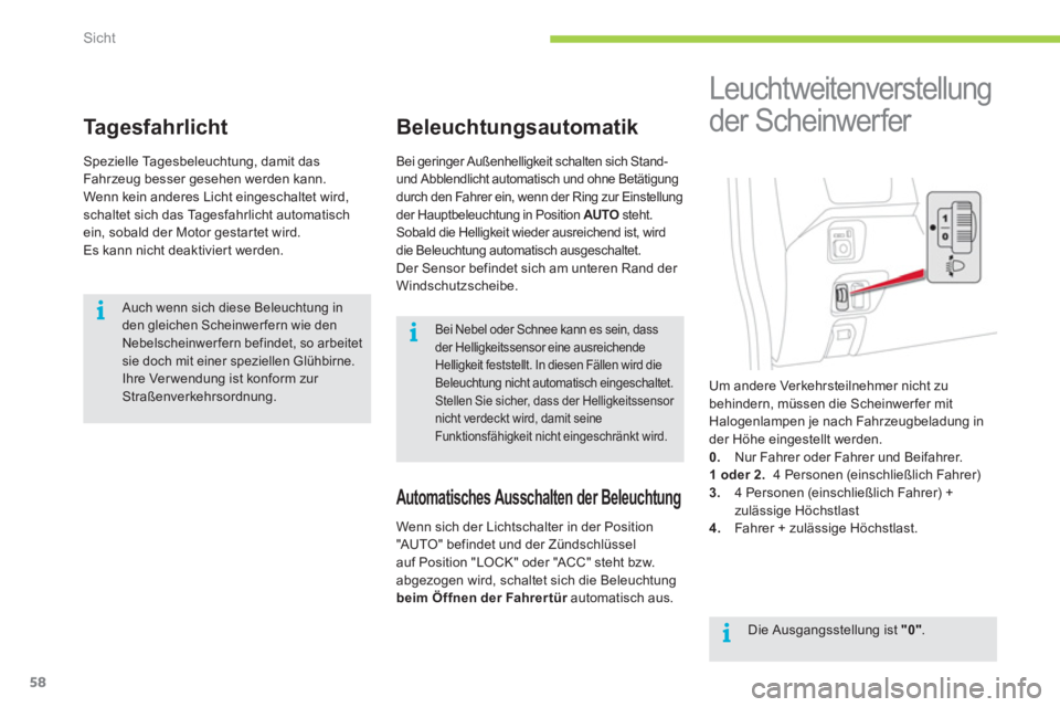 CITROEN C-ZERO 2012  Betriebsanleitungen (in German) i
i
i
Sicht
58
   
 
 
 
 
 
Ta g e s f a h r l i c h t  
 
Spezielle Tagesbeleuchtung, damit das 
Fahrzeug besser gesehen werden kann. 
  Wenn kein anderes Licht eingeschaltet wird, 
schaltet sich da