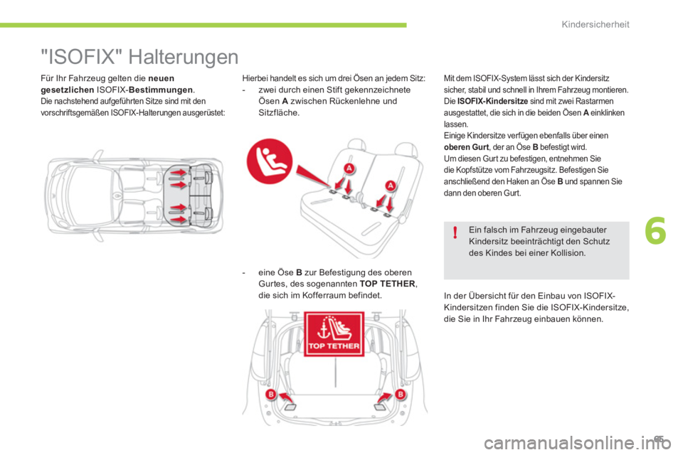 CITROEN C-ZERO 2012 Betriebsanleitungen (in German) 6!
Kindersicherheit
65
Für Ihr Fahrzeug gelten die neuen
gesetzlichen
ISOFIX- Bestimmungen
.
Die nachstehend aufgeführten Sitze sind mit den
vorschriftsgemäßen ISOFIX-Halterungen ausger CITROEN C-ZERO 2012 Betriebsanleitungen (in German) 6!
Kindersicherheit
65
Für Ihr Fahrzeug gelten die neuen
gesetzlichen
ISOFIX- Bestimmungen
.
Die nachstehend aufgeführten Sitze sind mit den
vorschriftsgemäßen ISOFIX-Halterungen ausger