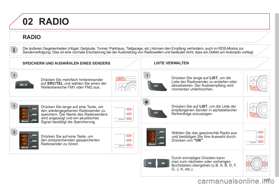 CITROEN C-ZERO 2011 Betriebsanleitungen (in German) 11
02
1
2
129
RADIO
Drücken Sie mehrfach hintereinander auf SRC/TEL und wählen Sie einen der
Wellenbereiche FM1 oder FM2 aus.
Drücken
Sie auf eine Taste, um
den entsprechenden gespeichertenRa CITROEN C-ZERO 2011 Betriebsanleitungen (in German) 11
02
1
2
129
RADIO
Drücken Sie mehrfach hintereinander auf SRC/TEL und wählen Sie einen der
Wellenbereiche FM1 oder FM2 aus.
Drücken
Sie auf eine Taste, um
den entsprechenden gespeichertenRa