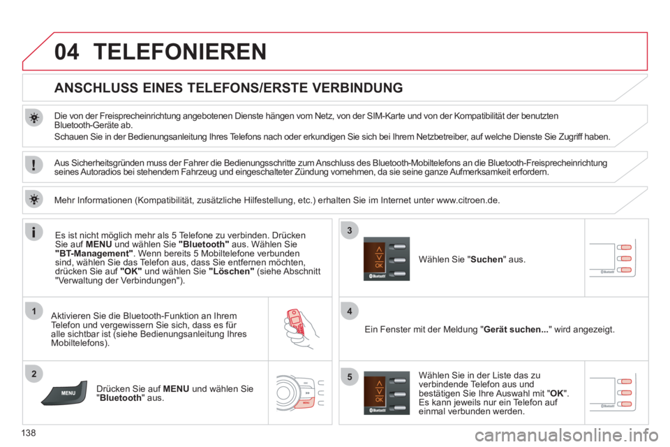 CITROEN C-ZERO 2011  Betriebsanleitungen (in German) 04
1
2
4
3
5
138
TELEFONIEREN
   
 
 
 
 
 
 
 
 
ANSCHLUSS EINES TELEFONS/ERSTE VERBINDUNG 
 
 
Die von der Freisprecheinrichtung angebotenen Dienste hängen vom Netz, von der SIM-Karte und von der K