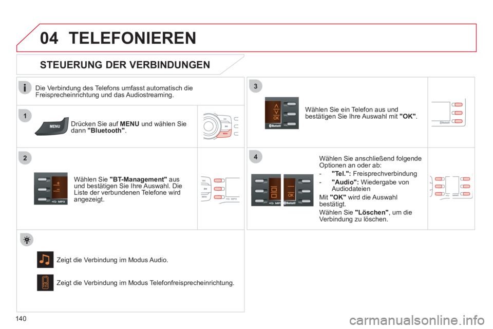 CITROEN C-ZERO 2011  Betriebsanleitungen (in German)  1
2
3
04
4
140
TELEFONIEREN
Die Verbindung des Telefons umfasst automatisch die Freisprecheinrichtung und das Audiostreaming.
Drücken 
Sie auf  MENU   und wählen Sie dann "Bluetooth" .
 
 
Wählen 