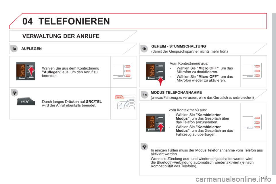 CITROEN C-ZERO 2011  Betriebsanleitungen (in German)  
1a
1c
1b
04
143
TELEFONIEREN
   
AUFLEGEN
   
v
om Kontextmenü aus:
   
-  Wählen 
Sie "Kombinierter Modus", um das Gespräch über das Telefon anzunehmen. 
   
-  Wählen 
Sie "Kombinierter Modus